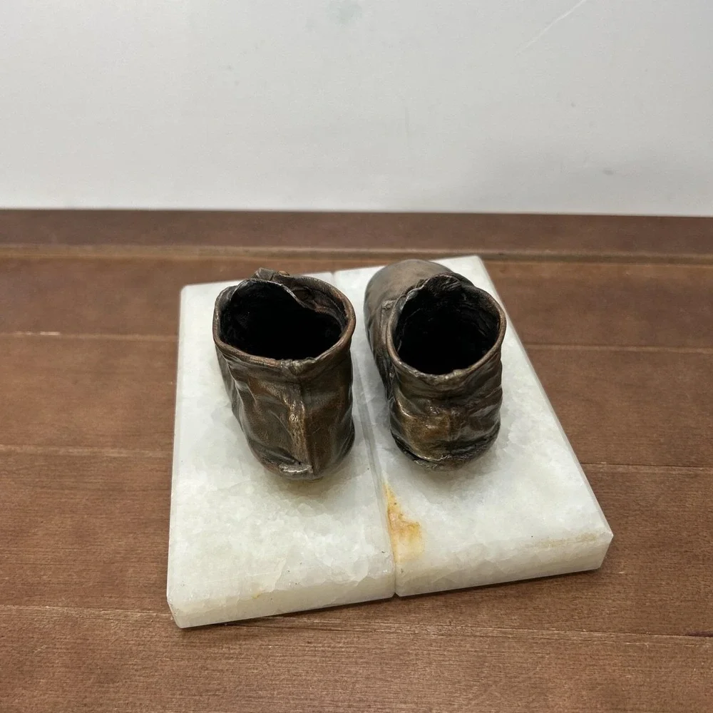 Vintage Copper Baby‎ Toddler Shoes Bookends Paperweight Marble Base